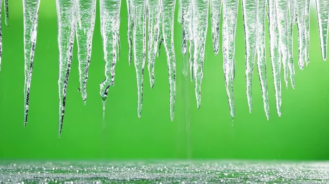 Sharp icicles hanging down and slowly melting with water dripping down on a green screen background, perfect for compositing footage