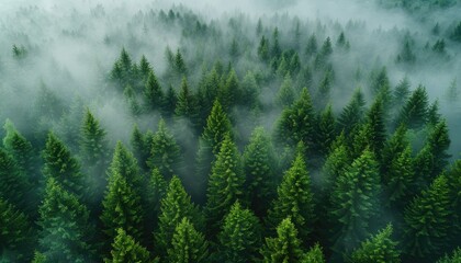 Fototapeta premium Aerial View of a Dense Evergreen Forest Shrouded in Mist