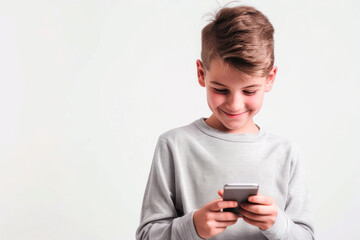 Fototapeta premium Smiling teenager boy playing with smartphone on gray background. Copy space.