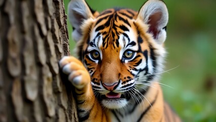 Obraz premium A close-up of a playful tiger cub, featuring its adorable face with expressive eyes and soft, fluffy fur