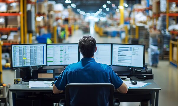 A logistics manager is seated at a desk focused on multiple computer screens while overseeing operations in a bustling warehouse filled with activity