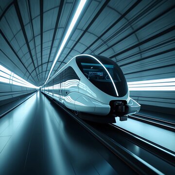A hyperloop-style train, enclosed in a sleek transparent tube, high-tech underground tunnel