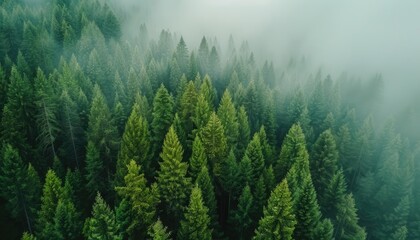 Fototapeta premium Aerial View of a Foggy Coniferous Forest