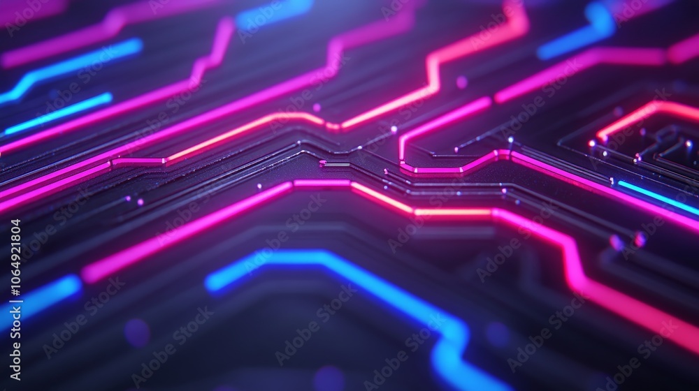 Poster neon circuitry: a mesmerizing abstract image of glowing pink and blue neon lines tracing intricate p