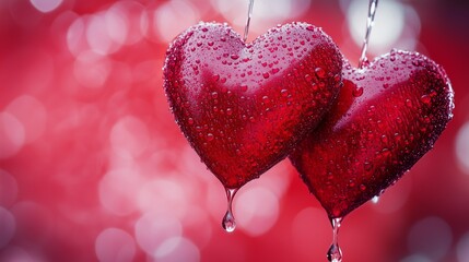 Two hearts with waterdrops and red background, symbol of love