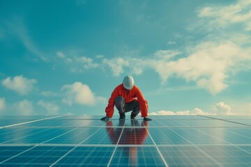 A solar energy technician in protective gear installs photovoltaic panels on a rooftop under a clear, blue sky. The scene highlights the renewable energy industry and sustainable power solutions.