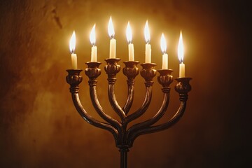 Menorah Lit with All Candles: A close-up shot of a beautifully designed menorah with all nine candles lit, their flames glowing warmly in a dimly lit room, with soft shadows cast on the wall behind