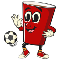 Red cup beer pong cartoon mascot character icon playing football or soccer ball with his feet, work of hand drawn