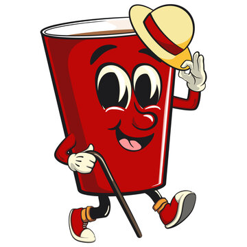 recommend clip art: Red cup beer pong cartoon mascot character icon carrying a stick and saluting with raised hat, work of hand drawn