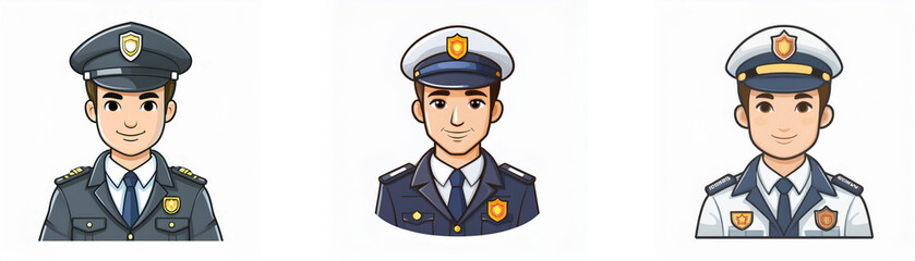 Three cartoon police officers with different uniforms. They all have black hair, brown eyes, and are smiling.