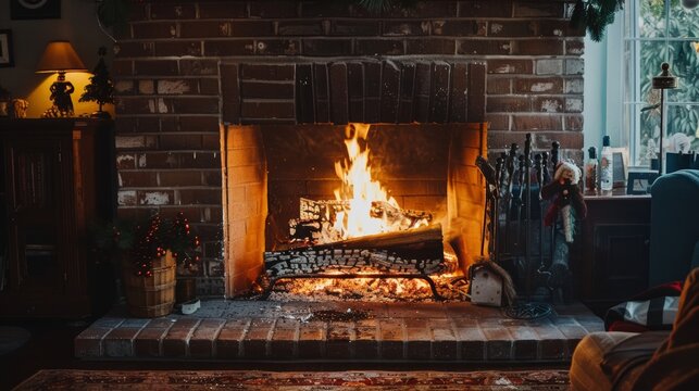 Festive yule log aglow in a cozy brick fireplace adorned for the christmas season