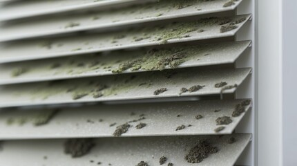 Fototapeta premium Close-up view of dusty window blinds with greenish mold