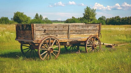 An old wooden wagon sits in the middle of a green field, surrounded by nature