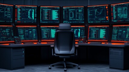 Cybersecurity Command Center: An empty executive chair sits before a wall of high-tech monitors displaying complex data streams, setting a dramatic scene of digital security and control. 