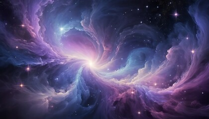 Envision a mesmerizing cosmic nebula filled with ethereal clouds of deep blue and purple hues. The particles are arranged in dynamic spirals, with luminous white and gold stars sprinkled throughout. E