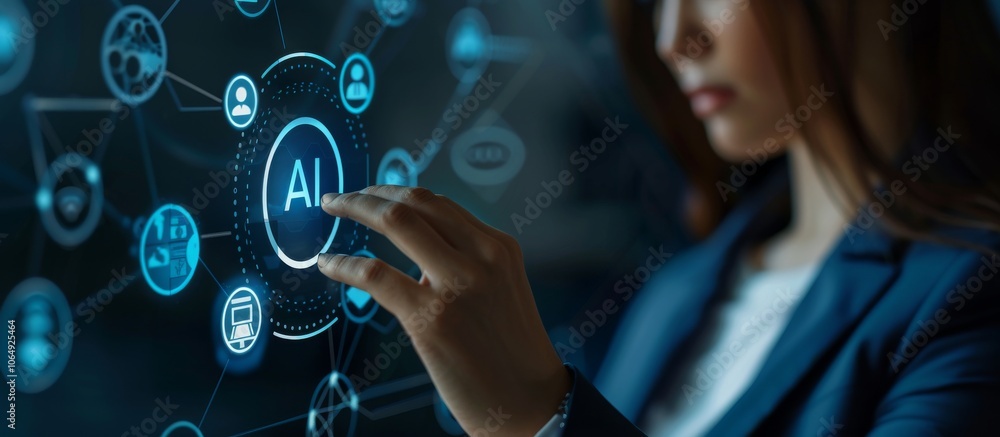 Poster a businesswoman uses an artificial intelligence interface, showcasing advanced technology in busines