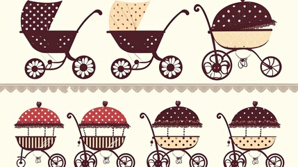Illustration of vintage baby carriages with floral designs and intricate patterns, showcasing elegance and nostalgia.