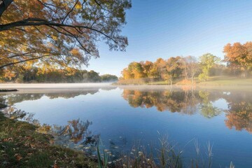 Obraz premium A serene lake scene with lush trees and grass on the banks, perfect for nature-inspired designs or backgrounds