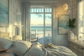 A cozy bedroom with a stunning view of the ocean, perfect for a relaxing getaway