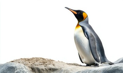 Fototapeta premium A penguin sings joyfully near its burrow, showcasing vibrant features and intricate textures in excellent clarity and natural light, isolated against a white backdrop