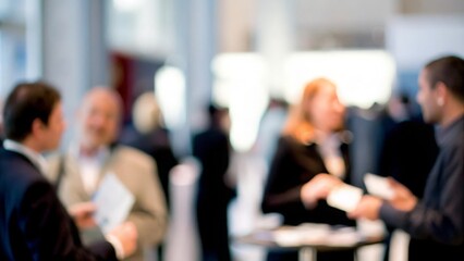 Fototapeta premium An out-of-focus image of a professional networking event, with attendees engaged in conversation. 