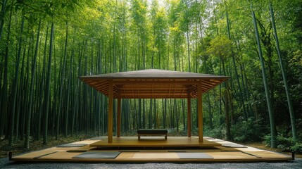 A tranquil Japanese meditation pavilion in a forest clearing