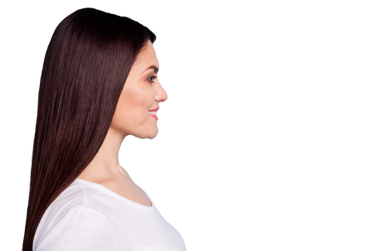 Close up photo of cheerful nice cute amazing girlfriend staring at someone away with pleasure while isolated with blue background