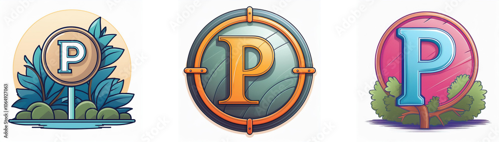 Poster Three circular icons with the letter P in the center, each with unique colors, designs and backgrounds.