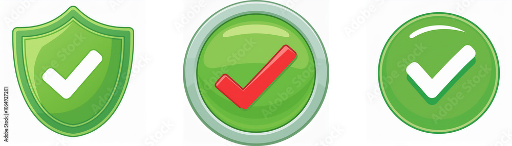 Aufkleber Three green checkmark icons with different designs. One checkmark is within a shield, another is a red checkmark inside a green circle, and the third checkmark is white inside a green circle.