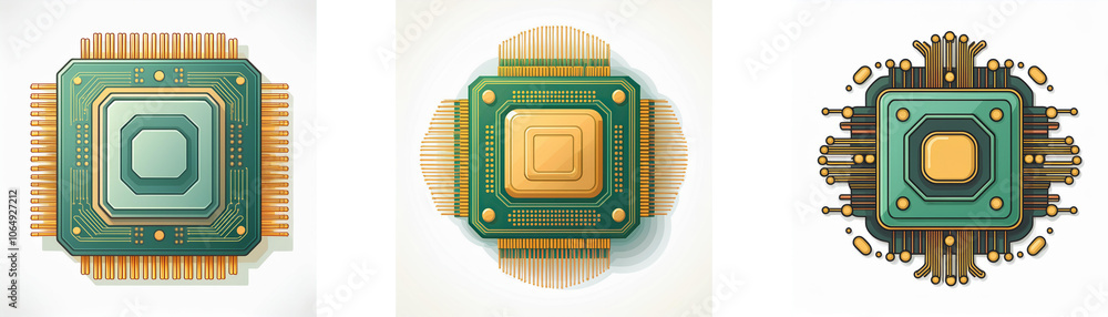 Fototapete three different representations of a computer chip, with a green and gold color scheme.