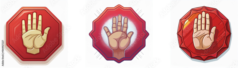 Aufkleber three red octagon-shaped symbols with a raised hand in the center, each with slight variations in th