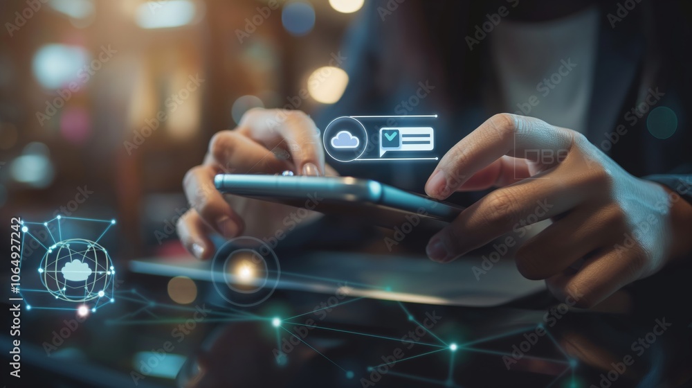 Aufkleber A businesswoman in a professional setting utilizes a smartphone for cloud computing and data management, demonstrating innovative technology and futuristic business solutions in a digital age