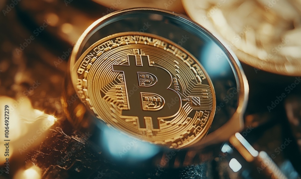 Poster a close-up image of a bitcoin coin under a magnifying glass, emphasizing the scrutiny and analysis o