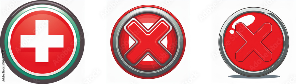 Fototapete Three round buttons with different symbols inside. One button is red with a white cross, one is red with a gray ring around it and a red X inside, and the last one has a red X inside a red circle with