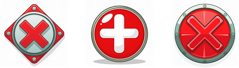 Obraz premium Three red buttons with white symbols: a cross, a plus sign, and an 'X'.