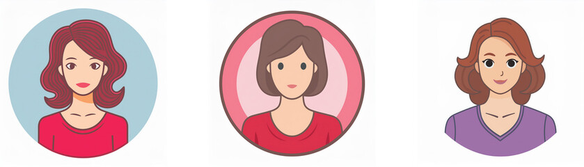 Obraz premium Three women with different hair colors and outfits, each with a circular frame behind them.