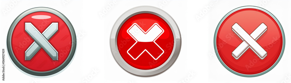 Aufkleber three circular buttons with a white x on a red background, each with a silver rim.