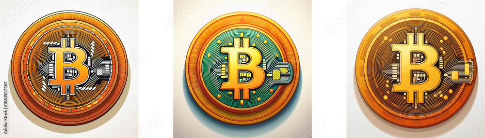 Poster three stylized bitcoin coins with slightly different designs, each featuring a large 'b' in the cent