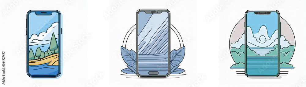 Poster three smartphone illustrations with different nature scenes on the screen.