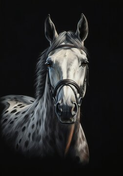 Portrait of a knabstrupper horse wearing a bridle, facing forward against a black background, creating a dramatic and elegant image