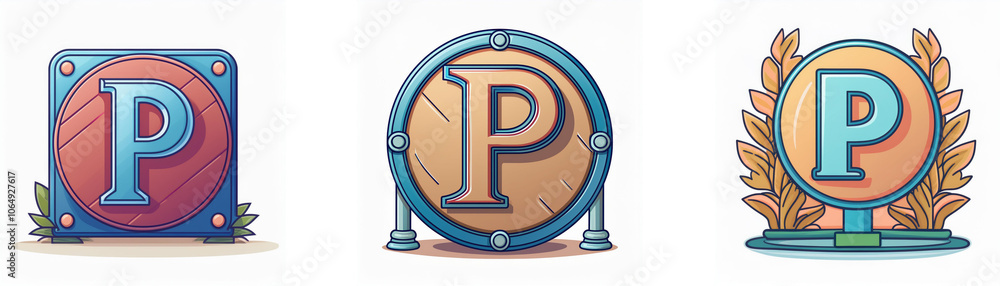 Poster three stylized circular icons with the letter p inside each.