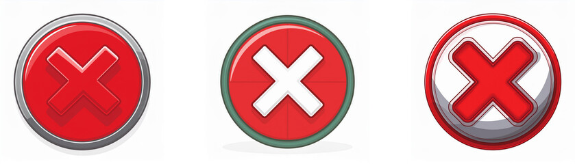 Fototapeta premium Three circular buttons with a red cross symbol in the center.