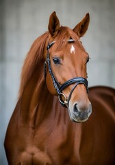 Obraz premium Chestnut horse wearing a bridle stands in a stable, showcasing its beauty and elegance