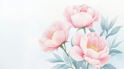 Obraz premium Pink Peonies Bouquet: Delicate pink peonies with soft petals and graceful stems bloom against a soft blue background, radiating a gentle, romantic charm.