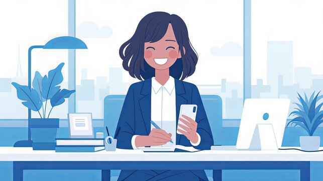 A businesswoman in a stylish office, smiling while working with a smartphone and laptop, conveying efficiency and leadership.