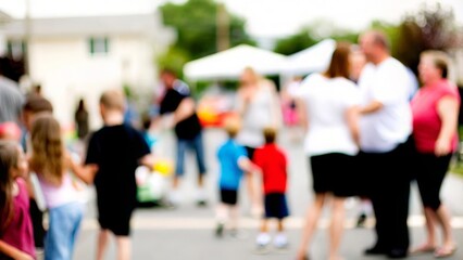A blurred image of a community event, with families and children participating in activities.
