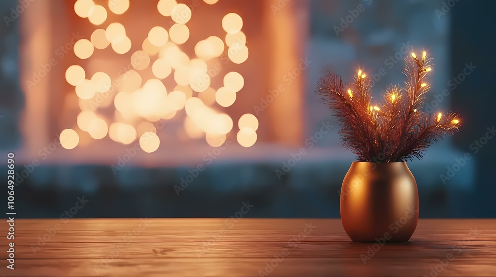 Poster a golden vase with a twig of lights sits on a wooden table in front of a blurred background.