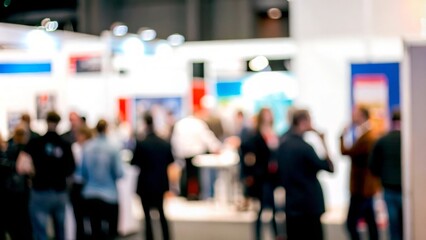 Fototapeta premium A vibrant blur showcasing interactions at a trade show, with booths and participants engaged in discussions. 