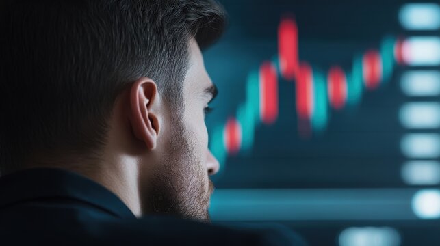 Market Analyst's Focus: A focused man intently examines a dynamic market chart, analyzing its patterns with dedication and precision in a sleek, modern environment.
