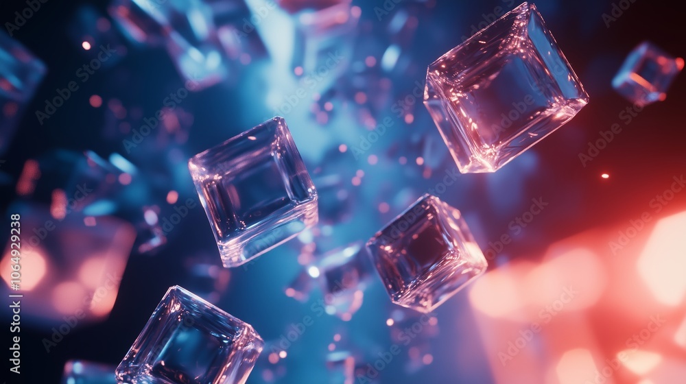 Poster floating translucent cubes illuminated by vibrant blue and red lights create a captivating visual di